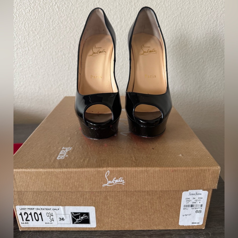 Christian Louboutin Black Patent Leather Peep-Toe Heels